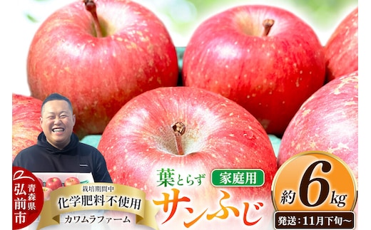 【26年11月下旬～発送】りんご 葉とらず サンふじ【家庭用】約6kg【先行受付】カワムラファーム 青森県 弘前市 果物 フルーツ 林檎 リンゴ くだもの 不揃い 規格外 [先行予約 産地直送 アップル おいしい 果実 美味 甘い 赤色]