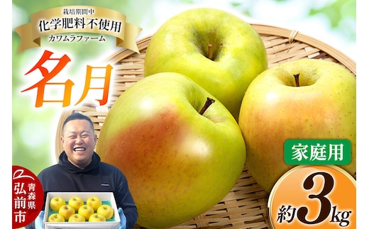 【26年10月下旬～発送】りんご 名月【家庭用】約3kg【先行受付】カワムラファーム 青森県 弘前市 果物 フルーツ 林檎 リンゴ くだもの 不揃い 規格外 [先行予約 産地直送 アップル おいしい 果実 美味 甘い 黄色]