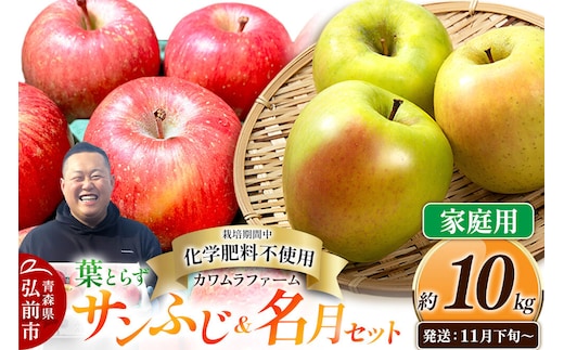 【26年11月下旬～発送】りんご 葉とらず サンふじ＆名月 セット【家庭用】約10kg【先行受付】カワムラファーム 青森県 弘前市 果物 フルーツ 林檎 リンゴ くだもの 不揃い 規格外 [先行予約 産地直送 詰め合わせ アップル おいしい 果実 美味 甘い 赤色 黄色]