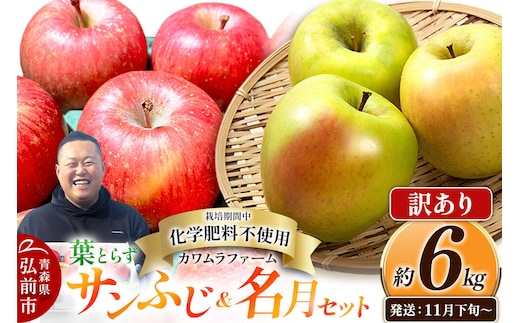【26年11月下旬～発送】りんご 葉とらず サンふじ＆名月 セット【訳あり】約6kg【先行受付】カワムラファーム 青森県 弘前市 果物 フルーツ 林檎 リンゴ くだもの 不揃い 規格外 [先行予約 産地直送 詰め合わせ アップル おいしい 果実 美味 甘い 赤色 黄色]