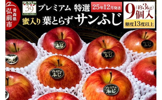 【25年12月発送】りんご 【 数量限定 】糖度13度以上 「特選」 プレミアム 蜜入り 葉とらずサンふじ 約 3kg 9個入り