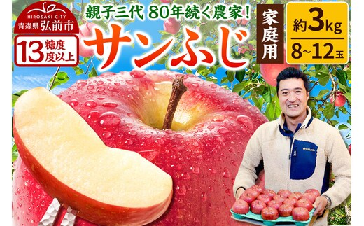 りんご 【糖度13度以上】サンふじ【家庭用】約3kg 8～12玉程度 津軽農園