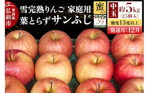 【26年12月発送】りんご 葉とらず サンふじ【家庭用】約5kg（25個入）中玉 糖度13度以上 蜜入り 雪完熟【数量限定】家庭用 自然 青森県 弘前市 果物 フルーツ 林檎 不揃い 規格外 [先行予約 産地直送 アップル おいしい 果実 美味 甘い 赤色]
