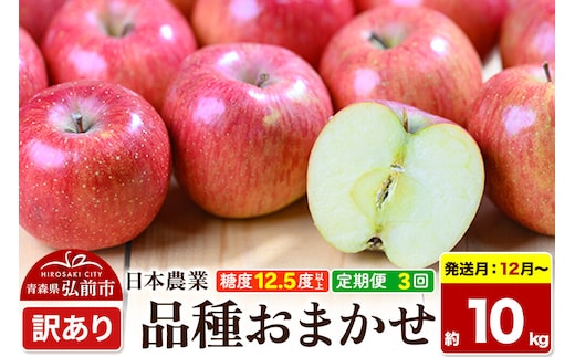 【26年12月～発送】《定期便3ヶ月》りんご 品種おまかせ【訳あり】約10kg 平均糖度12.5度以上【12～2月】3回分 青森 果物 フルーツ 林檎 リンゴ くだもの 不揃い 規格外 先行受付 [先行予約 家庭用 産地直送 アップル 青森県 弘前市]