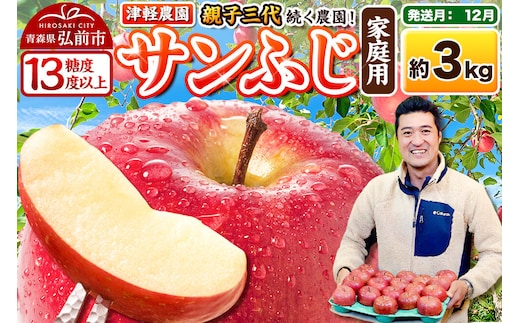 【26年12月発送】りんご サンふじ【家庭用】約3kg 8～12玉程度【糖度13度以上】津軽農園 [先行予約 青森県 弘前市 アップル おいしい ふじ りんご 果実 果物 赤色 津軽 糖度 美味 林檎]