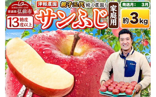 【27年3月クール便発送】りんご サンふじ【家庭用】約3kg 8～12玉程度【糖度13度以上】津軽農園 [先行予約 クール便 青森県 弘前市 アップル おいしい ふじ りんご 果実 果物 赤色 津軽 糖度 美味 林檎]
