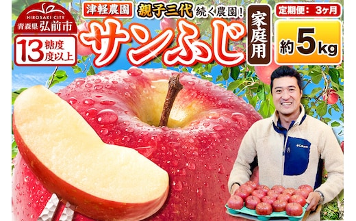 【27年1月～発送】《定期便3ヶ月》りんご サンふじ【家庭用】約5kg 13～20玉程度【糖度13度以上】津軽農園 [先行予約 青森県 弘前市 定期便 アップル おいしい ふじ りんご 果実 果物 赤色 津軽 糖度 美味 林檎]