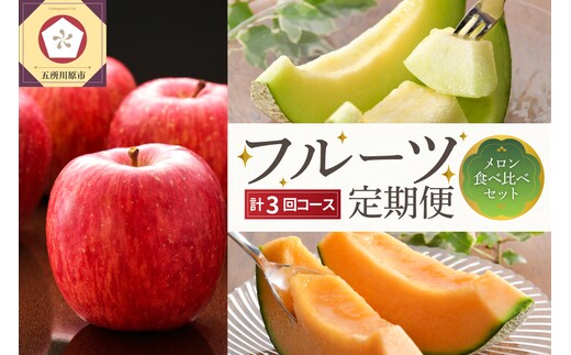 【2026年7月発送開始】 おいしい3種類☆フルーツ定期便【3回】（メロン食べ比べセット）赤肉・緑肉メロン、りんご 訳ありセット