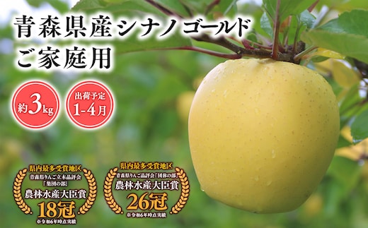 2025年産 １月～４月発送 【訳あり】家庭用シナノゴールド3ｋｇ 【そと川りんご園・１月・２月・３月・４月・青森県産・平川市・りんご・シナノゴールド・3ｋｇ・訳あり・家庭用】