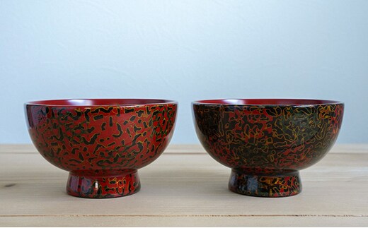 津軽塗 夫婦汁椀セット・唐塗 黒口呂上・赤上 食器 工芸品 伝統技術 手作り 