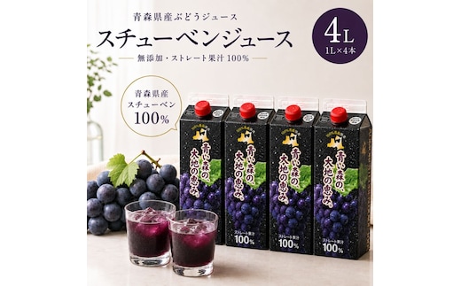 ぶどうジュース 紙パック 1L × 4本入り 無添加 ストレート果汁 100% 【 スチューベンジュース 葡萄 青森県産 産地直送 1000ml 4本セット 】