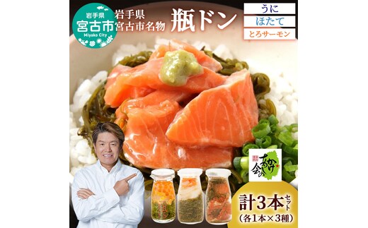 瓶ドン セット 岩手県宮古市新名物 ウニ ほたて とろサーモン 小瓶 3種 詰め合わせ ご飯のお供 ごはんのお供 魚介 魚介類 海鮮 海鮮セット 水産加工品 惣菜 おつまみ 冷凍 岩手 岩手県 宮古市