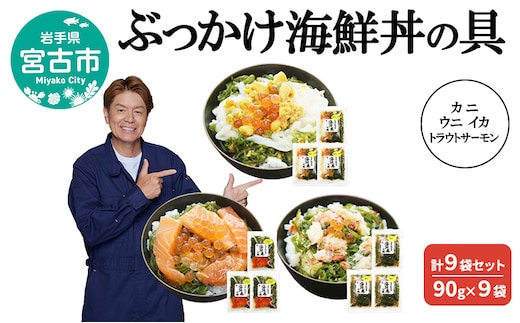 ぶっかけ海鮮丼の具 カニ ウニ イカ トラウトサーモン 計9袋セット 90g×9袋 川秀 冷凍 イクラ メカブ 三陸 お茶碗サイズ 海鮮丼 お取り寄せ 丼の素 丼の具 海鮮 海産物 個包装 小分け 岩手 宮古