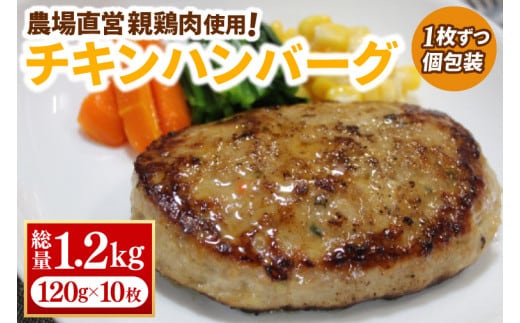 【浅沼養鶏場】国産 親鶏の旨味たっぷり チキンハンバーグ 約120g×10枚 (約1200g) 小分け 冷凍 簡単調理 餌にこだわった 親鶏肉使用 ハンバーグ チキン メンチ カツ BBQ 産地直送 (AJ018)