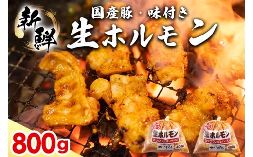 国産豚 味付き 生ホルモン ミックス(レバー入り) 800g (400g×2パック) (DV042)