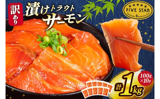 FIVE STAR ブランド 訳あり サーモン トラウト 漬け 総重量 1kg 100g×10p [カネダイ 宮城県 気仙沼市 20565453] 魚 魚介類 刺身 小分け 冷凍 鮭 さけ 海鮮 切り落とし 生食用 真空パック さけ サケ 食品 生食 サーモン 漬け丼 手巻き寿司 丼 海鮮丼 個包装