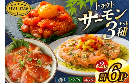 サーモン FIVE STAR ブランド サーモンユッケ サーモンバジル サーモン漬け 3種 セット 計6パック [カネダイ 宮城県 気仙沼市 20566152] 魚 魚介類 サーモン サーモントラウト 鮭 さけ サーモン ユッケ バジル 漬け さけ サケ トラウト 海鮮 丼 海鮮丼 個包装 小分け 冷凍