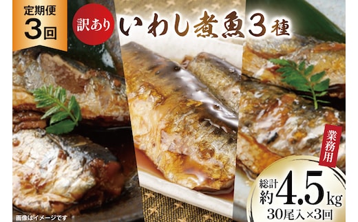 3回 定期便 訳あり 業務用 いわし煮魚 3種 ×10尾 計30尾入 約1.5kg ×3回 総重量 約4.5kg [カネダイ 宮城県 気仙沼市 20565563] 魚 魚介 煮魚 国産 生姜煮 梅肉煮 みぞれ煮 おかず 焼き魚 簡単 時短 訳アリ 冷凍