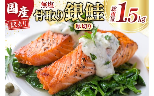 訳あり 国産 骨取り 銀鮭 厚切り 切身 計1.5kg 無添加 無塩 [足利本店 宮城県 気仙沼市 20565638] サーモン 訳アリ わけあり 鮭 しゃけ サケ さけ 訳あり銀鮭 加熱用
