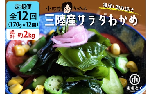 【2つの食感】12回 定期便 三陸産 サラダわかめ 170g ×12回 総計 約2kg [小野徳 宮城県 気仙沼市 20565590] 海藻 ワカメ わかめ 若布 塩蔵わかめ 塩蔵 コリコリ シャキシャキ 冷蔵