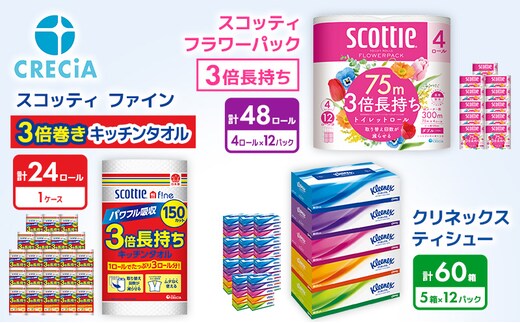 【岩沼市オリジナル】トイレットペーパー ティッシュペーパー キッチンペーパー 日用品セット 3品別配送 スコッティ フラワーパック ダブル 48ロール クリネックス 60箱 ペーパータオル 24ロール 防災 災害 日用品 消耗品 生活用品 生活必需品 まとめ買い 宮城県 岩沼市