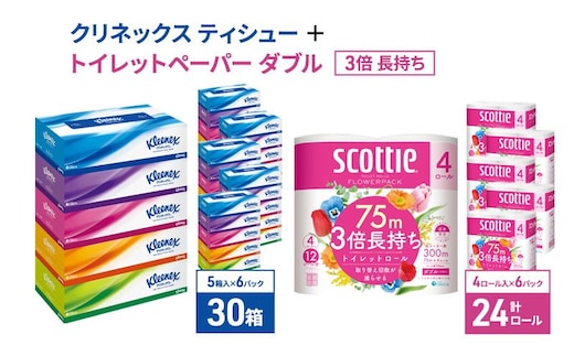 ティッシュ 日用品 セット クリネックス ティッシュ 30箱 トイレットペーパーダブル スコッティ 24ロール フラワーパック