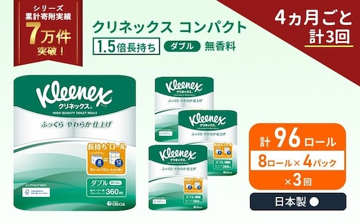 定期便 トイレットペーパー ダブル クリネックス コンパクト 1.5 倍巻き 8ロール入 × 4パック 無香料《 4ヶ月ごと 計 3回 》