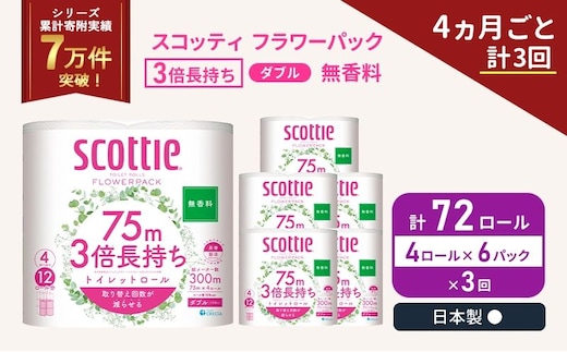 定期便 トイレットペーパー ダブル スコッティ 3倍長持ち 4ロール入 × 6パック フラワーパック 無香料 《 4ヶ月ご と計 3回 》