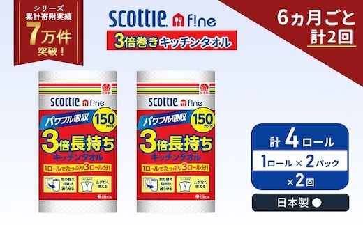 定期便 キッチンペーパー 2パック入 キッチンタオル スコッティ ファイン 1 ロール 3倍 150カット