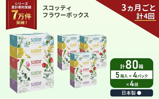 定期便 ティッシュ スコッティ フラワーボックス 80箱 ( 5箱 × 4パック)《 3ヶ月ごと 計 4 回》 クレシア 日用品 防災 備蓄 日本製 宮城県 岩沼市
