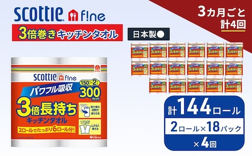 定期便 キッチンペーパー スコッティ 144ロール ファイン キッチンタオル 3倍巻き 150カット ペーパータオル 2ロール × 18パック《 3ヶ月ごと計4回 》