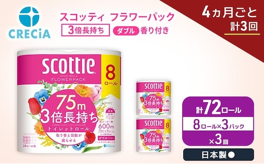 定期便 トイレットペーパー ダブル スコッティ 3倍長持ち 8ロール × 3パック《 4ヶ月ごと計 3回 》 フラワーパック