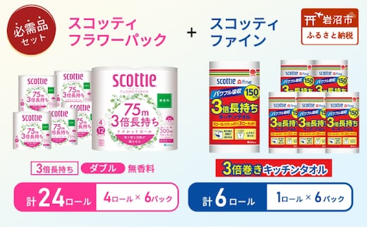 キッチンペーパー 6パック入 スコッティ ファイン 1ロール 3倍 150カット トイレットペーパー ダブル 24ロール ( 4ロール × 6パック ) フラワーパック