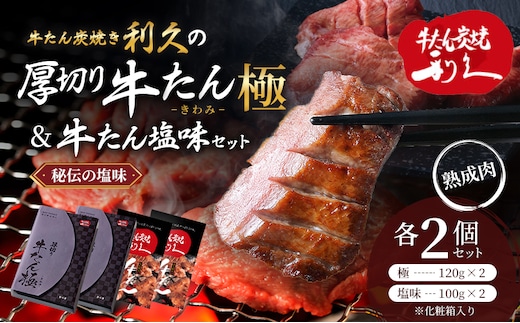 【特別寄附額】 牛タン 極 120g 塩味 100g 各2個 セット 利久 牛たん 熟成肉 タン塩 厚切り牛タン 牛 牛肉 肉 お肉 タン タン中 タン元 厚切り 焼肉 惣菜 おかず ご飯のお供 真空パック ギフト プレゼント お歳暮 お土産 冷凍 冷凍配送 宮城 岩沼市
