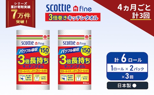 定期便 キッチンペーパー 2パック入 キッチンタオル スコッティ ファイン 1 ロール 3倍 150カット セット《4ヶ月ごと計3回》 ペーパータオル キッチン用品 節約 日用品 日用雑貨 備蓄 備蓄用 防災 災害 3倍巻き まとめ買い 宮城県 岩沼市