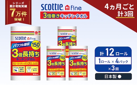 定期便 キッチンペーパー 4パック入 キッチンタオル スコッティ ファイン 1 ロール 3倍 150カット セット《4ヶ月ごと計3回》 ペーパータオル キッチン用品 節約 日用品 日用雑貨 備蓄 備蓄用 防災 災害 3倍巻き まとめ買い 宮城県 岩沼市