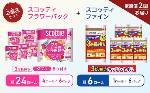 【6ヶ月ごと計2回お届け】キッチンペーパー 6パック入 スコッティ ファイン 1ロール 3倍 150カット トイレットペーパー ダブル スコッティ3倍長持ち 4ロール×6パック フラワーパック 香り付き 長持ち 防災 災害 日用品 生活用品 生活必需品