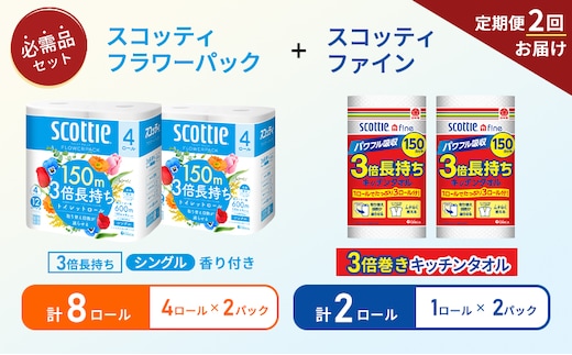 【6ヶ月ごと計2回お届け】キッチンペーパー 2パック入 スコッティ ファイン 1ロール 3倍 150カット トイレットペーパー シングル フラワーパック 3倍長持ち 8ロール (4ロール×2パック) 香り付き 長持ち 防災 災害 日用品 生活用品 生活必需品