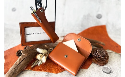 レザー3点セット ブラウン (ネームフォルダー、ペンフォルダー、カードケース)｜名刺入れ 文房用品 事務用品 ビジネス 手作り [0355]