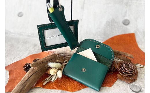 レザー3点セット グリーン (ネームフォルダー、ペンフォルダー、カードケース)｜名刺入れ 文房用品 事務用品 ビジネス 手作り [0356]
