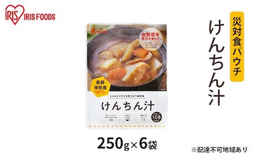 【防災】災対食パウチけんちん汁 250g×6袋 アイリスオーヤマ 惣菜 加工食品 レトルト 保存食 たくさん 野菜 油あげ 麩 煮込み 生野菜 備蓄 常温 5年 長期保存 可能 非常食 災害時 