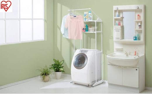 ランドリーラック ハンガーバー付ランドリーラック HLR-181P ホワイト ランドリーラック 洗濯機ラック アイリスオーヤマ おしゃれ 洗面所 収納 縦型 洗濯機ラック 伸縮 2段 ラック 洗濯ラック 棚 脱衣所 洗剤 柔軟剤 棚付き 一人暮らし 新生活
