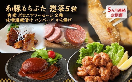【5ヵ月定期便】全5回 和豚もちぶた 惣菜5種 角煮 ボロニアソーセージ 2種 味噌塩糀漬け ハンバーグ から揚げ 夕飯 時短 小分け 簡単 レンチン レトルト 和豚 豚肉 ポーク 肉 豚 アウトドア お弁当 もちぶた館 大河原町