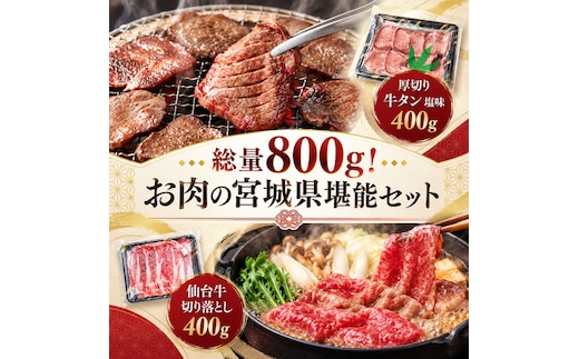 総量800g！ お肉の宮城県堪能セット (厚切り 牛タン 塩味 400g ＆ 仙台牛 切り落とし 400g) 焼肉 大河原町