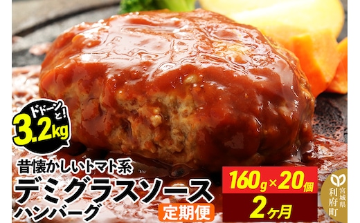 《定期便2ヶ月》ドドンと3.2kg！昔懐かしいトマト系デミグラスソースハンバーグ (160g×20個)×2回 肉 洋食 簡単 大容量 湯煎 湯せん 個包装
