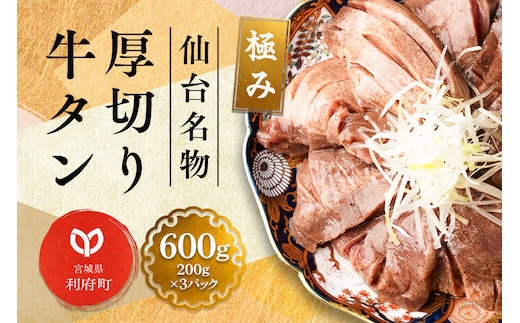 仙台名物 厚切り 牛タン 塩仕込み 600g(200g×3P) 小分け スライス 焼くだけ 簡単調理 [牛タン 焼くだけ 簡単 小分け 塩ダレ 希少 部位 タン中 タン元 仙台 肉厚 人気 おいしい 美味 焼肉 バーベキュー BBQ 宮城県 利府町 船田食品]