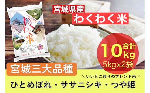 宮城県産三大銘柄いいとこ取りブレンド米 わくわく米 5kg×2袋入 計10kg ｜ お米 精米 白米 ひとめぼれ ササニシキ つや姫 宮城県産  三大銘柄 | dショッピングふるさと納税百選