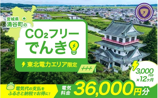 涌谷町CO2フリーでんき 3,000円×12ヶ月コース（注：お申込み前に申込条件を必ずご確認ください）東北電力 電気 電力 東北 電気代 電気料金 青森県 岩手県 宮城県 秋田県 山形県 福島県 新潟県 でんき【ens004】