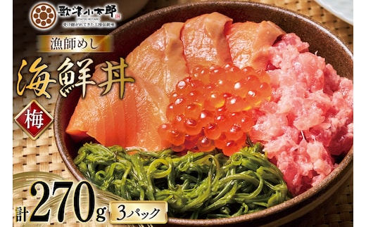 詰め合わせ 漁師めし 海鮮丼 〈梅〉 90g×3 計270g [橋本水産食品 宮城県 南三陸町 m304amh590015] 魚介 魚介類 魚 海鮮 海鮮丼 丼 サーモン 銀鮭 鮪 まぐろ マグロ 鮭 まぐろたたき 小分け 個包装 冷凍 三陸 めかぶ メカブ いくら いくら醤油漬け