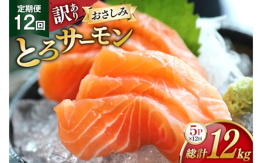 定期便 訳あり とろサーモン 刺身 5パック計1kg×12回 総計12kg 毎月 12回 定期 [たみこの海パック 宮城県 南三陸町 m304amh560077] サーモン 魚 魚介類 海鮮 さしみ 生食 鮭 さけ トラウト ハラミ トロ 冷凍 小分け